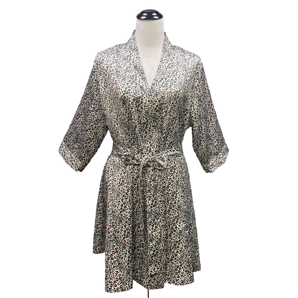CABERNET Womens L Pink Black Leopard Satin Kimono Robe Belted Y2K Style Silky